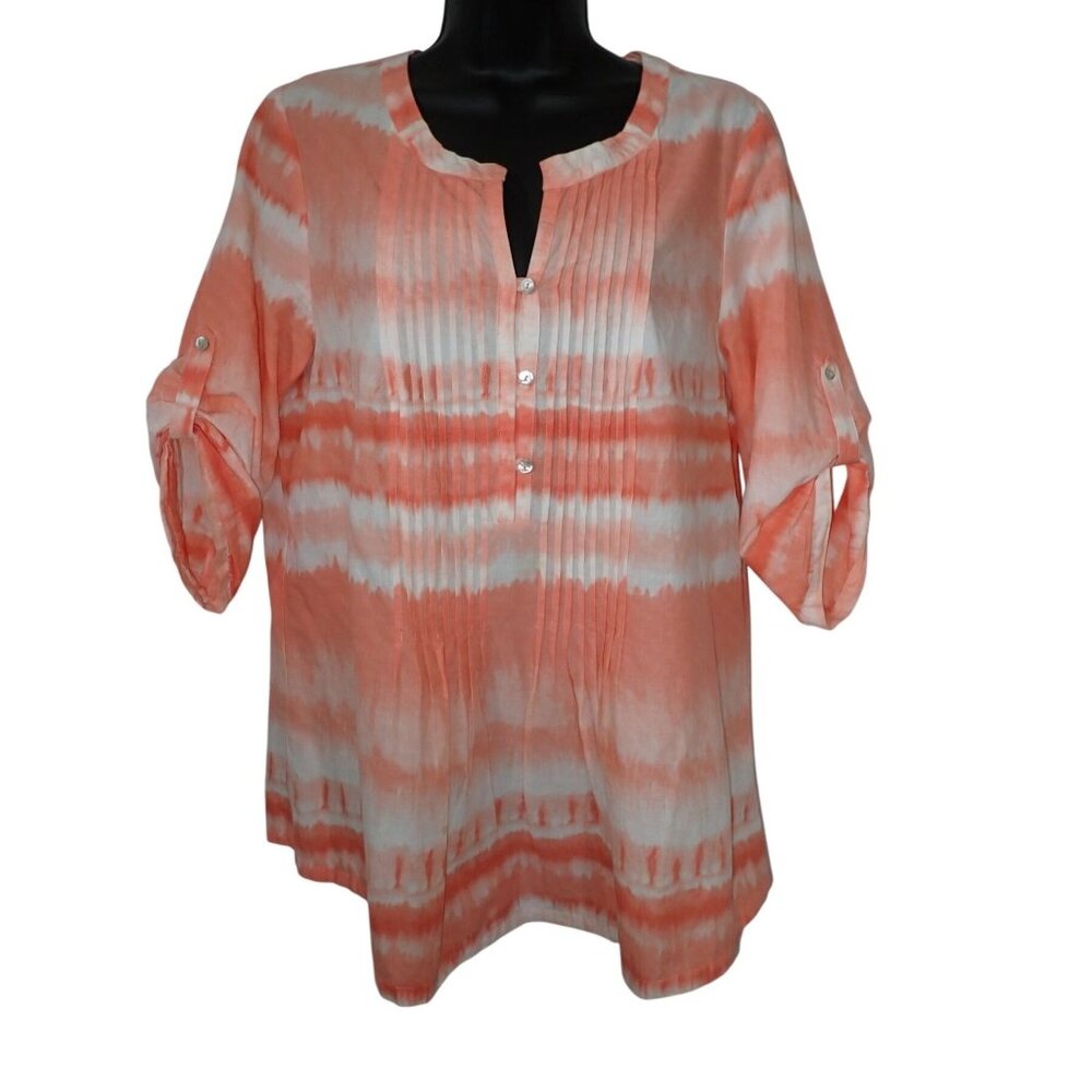 J.Jill Tunic Top Women M Orange Ombre Flowing Boho Top Roll Sleeve Pintuck casua